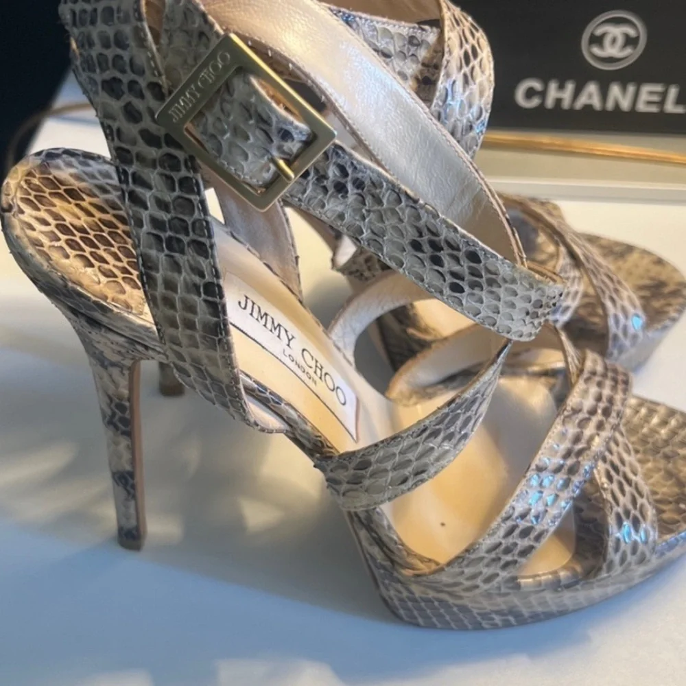 Jimmy Choo, 8.5 (EU 39) Snake Embossed Leather Strappy Heels, w/ COA - Picture 4 of 15